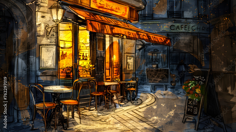 Naklejka premium Sketch of a Charming European Street Caf�: A Pencil Drawing Capturing the Essence of a Cozy Gathering Place