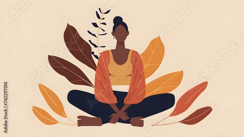 illustration of calm minimalist anonymous woman sitting with crossed legs near bright leaves against beige background