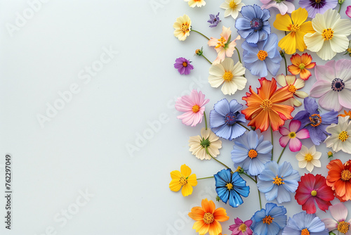 Colorful beautiful flowers in minimalist copy space pastel blue background  abstract flower wallpaper concept  Beautiful flowers with empty space for text  Set of colorful flowers on clean background