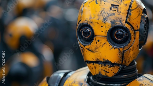 Close up of yellow old metal robot.