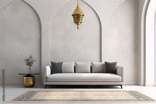 3D rendering, interior design, living room, sofa, carpet, lamp, arch, neutral colors, minimalism, luxury