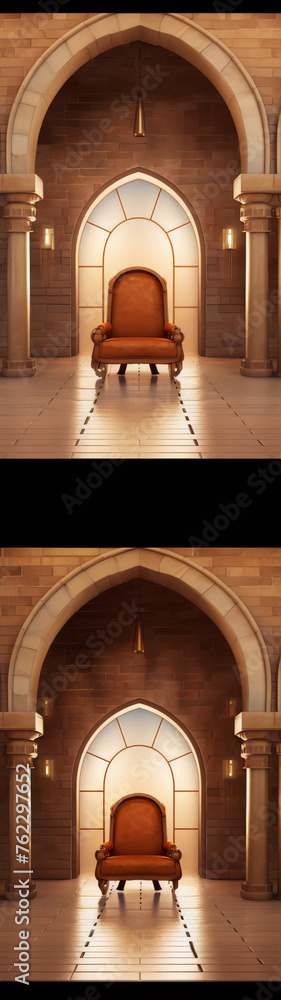 3D rendering of a throne room with a single chair in the center. 3D rendering of a throne room with a single chair in the center.