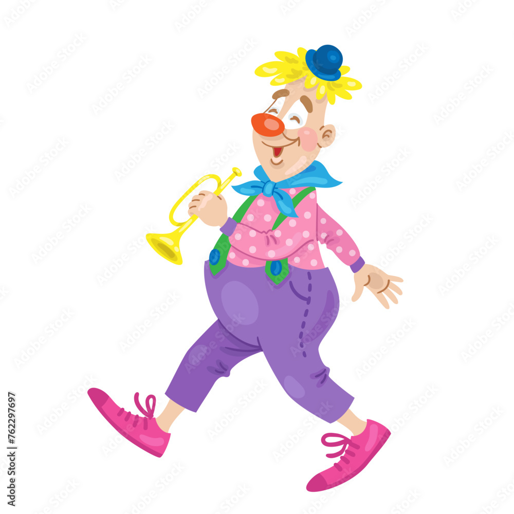 Funny clown musician walks with a trumpet in his hand. Isolated on white background. Vector flat illustration. Funny clown musician walks with a trumpet in his hand. Isolated on white background. Vector flat illustration.