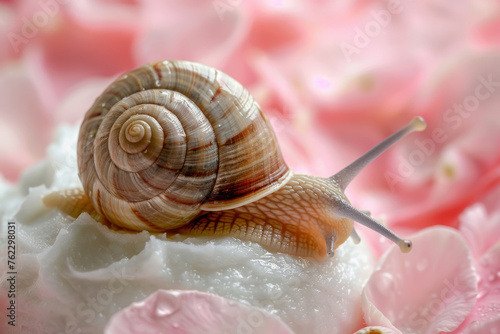 Snail and cream on pink background. Ingredients of rejuvenating cream and slime of snails. Cosmetics and skin care concept. Generative AI