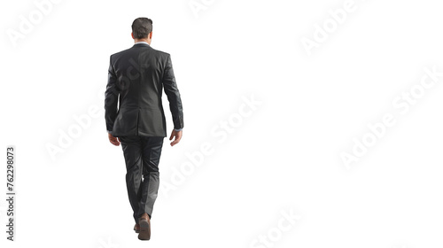 Back view of a business man holding a briefcase and walking forward. PNG file of isolated cutout object on transparent background.