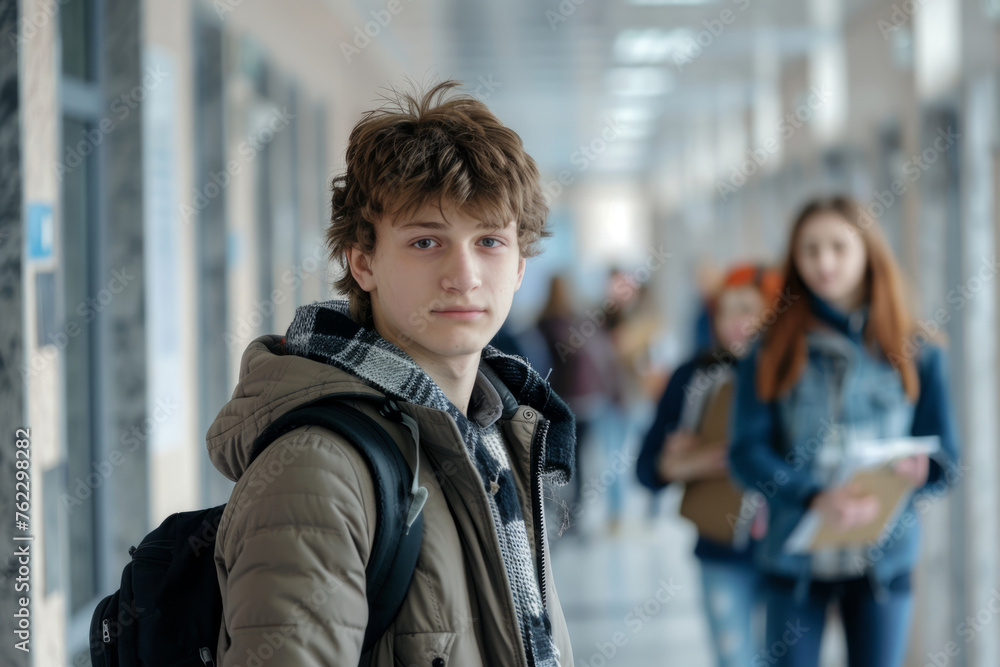 Teenage boy at school hallway, holds a book. Cheerful classmates girls in background. Generative AI