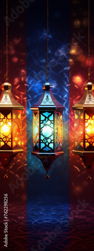 Ramadan Kareem greeting card with glowing lanterns in blue  red and orange colors