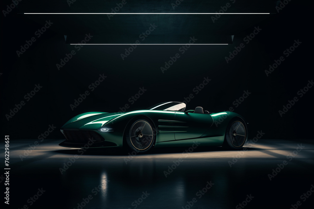 a green sports car in a dark room
