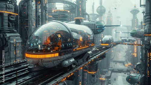 Futuristic cityscape with intelligent transport systems (ITS) seamlessly integrated into the urban fabric, showcasing AI-driven public transport and IoT-enabled smart city infrastructure.