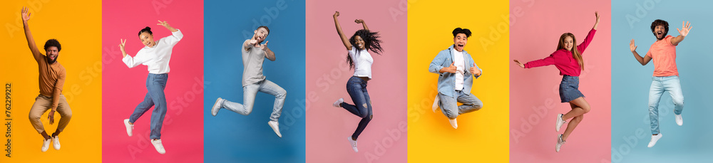 Group of excited young people mid-jump against colorful backgrounds - obrazy, fototapety, plakaty 