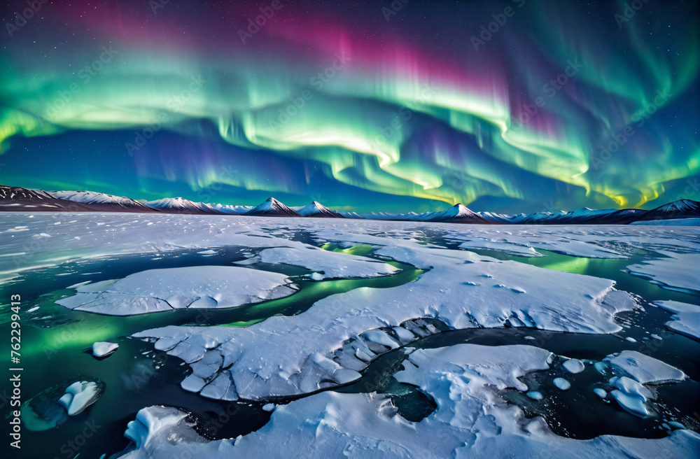 polar lights, northern lights, arctic ice, snowy desert, landscape of the far north, polar region