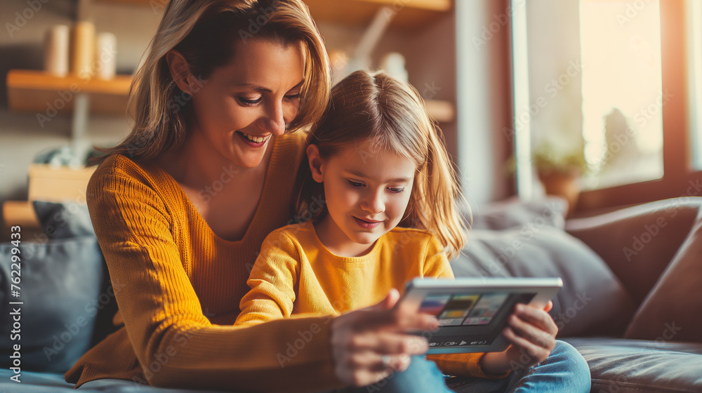 A young girl teaches her mother how to use a new app on the tablet, showcasing a role reversal, Mother's Day A young girl teaches her mother how to use a new app on the tablet, showcasing a role reversal, Mother's Day