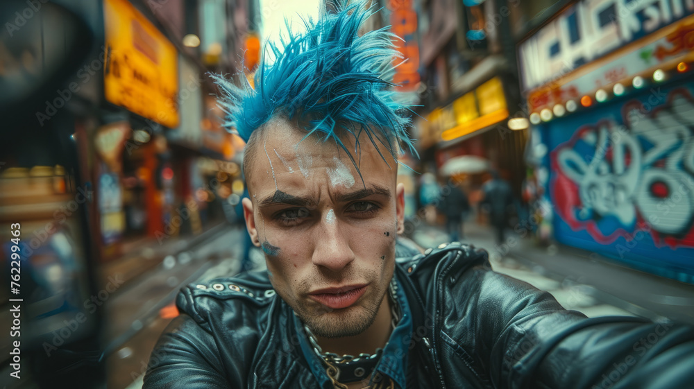 A young man with blue mohawk and tattoos in the city.