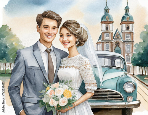 Young couple on their wedding day. A church and a car in the background. Illustration, wedding background