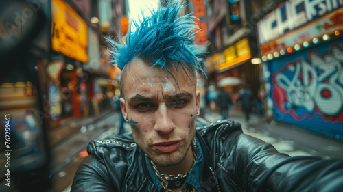 A young man with blue mohawk and tattoos in the city.