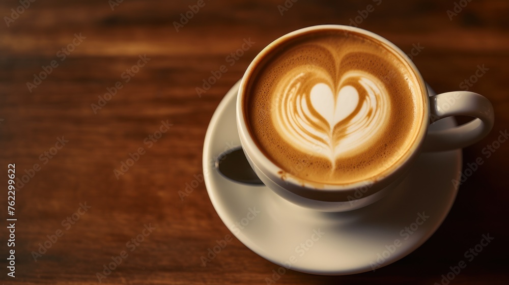 View of heart shaped latte art coffee in a mug Top view beautifully placed on table View of heart shaped latte art coffee in a mug Top view beautifully placed on table