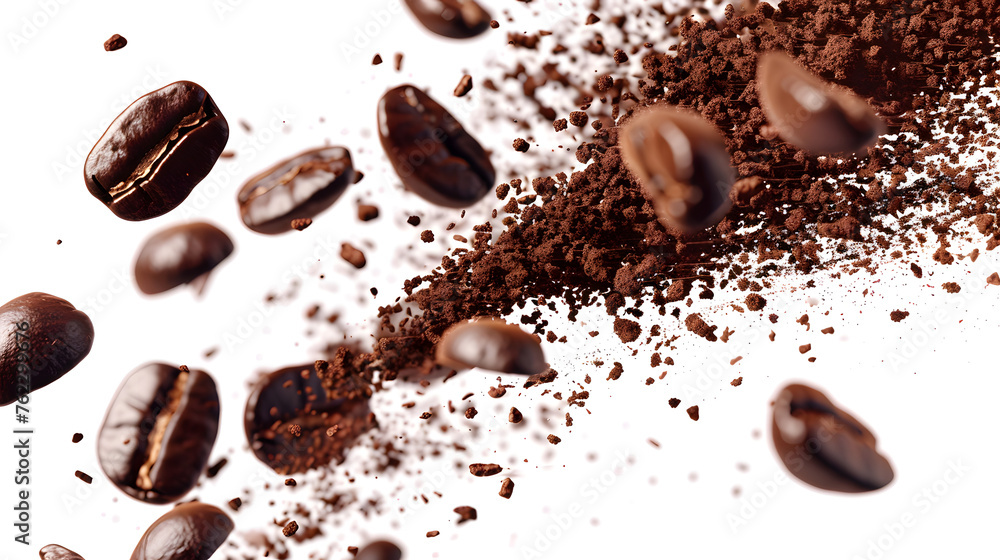 Espresso Explosion: A Vibrant Display of Arabica Grains and Roasted Coffee Beans in Burst Form Against a White Backdrop, Illustrated with Realistic Modernity Espresso Explosion: A Vibrant Display of Arabica Grains and Roasted Coffee Beans in Burst Form Against a White Backdrop, Illustrated with Realistic Modernity