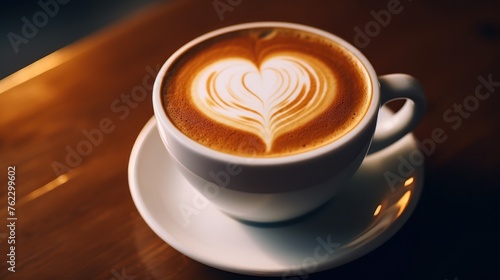 View of heart shaped latte art coffee in a mug Top view beautifully placed on table