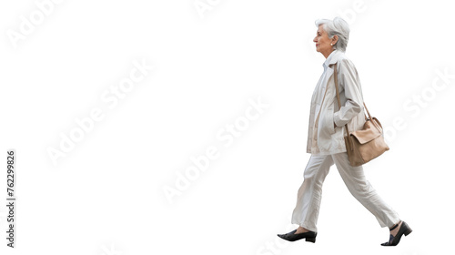 The modern elderly woman walks with a light gait. PNG file of isolated cutout object on transparent background.