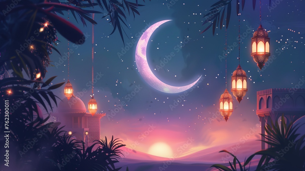 New moon and lanterns against the background of the night sky in purple tones. Symbolizes the concept of the holy holiday of Ramadan.