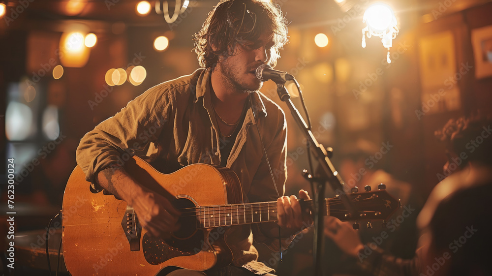 Obraz premium Young male musician playing guitar and singing