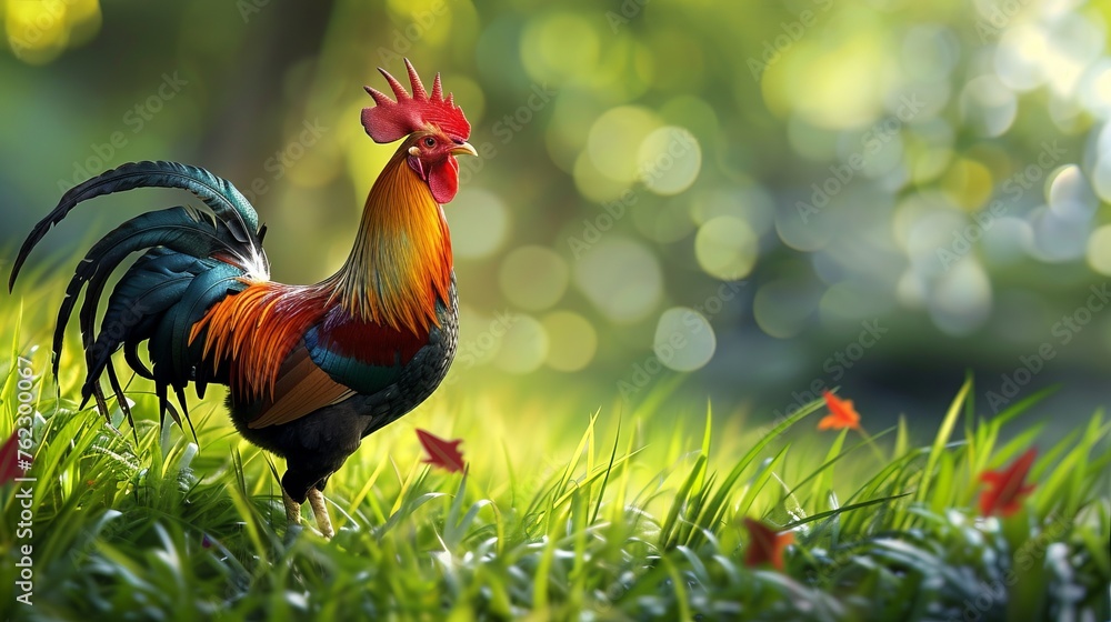 Close-up of a rooster with bright feathers and a red comb against a background of blurred green grass. - obrazy, fototapety, plakaty 