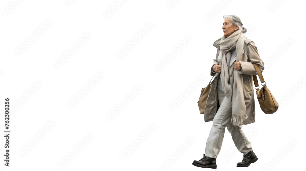 The modern elderly woman walks with a light gait. PNG file of isolated cutout object on transparent background.