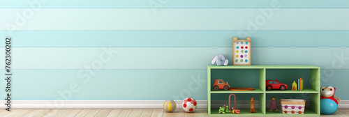 3d rendering of a childs room with toys on a shelf and a ball on the floor