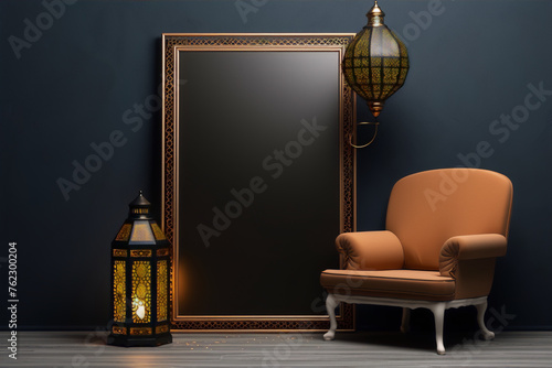 Luxury armchair and illuminated lantern near blank frame with intricate patterns in the dark blue room photo
