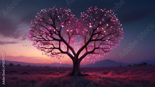 A heart shaped tree in a field at sunset  romantic background.