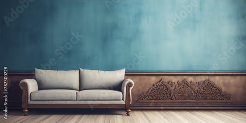 Blue retro sofa in the vintage room, 3d render