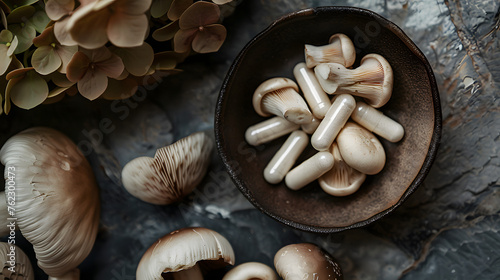 Mushroom Magic: Overhead View of Potent Medicinal Fungi for Powerful Mushroom Supplements. Efflorescence Of Champignon Fortifiers Captured Through Extracellular Vesicles photo