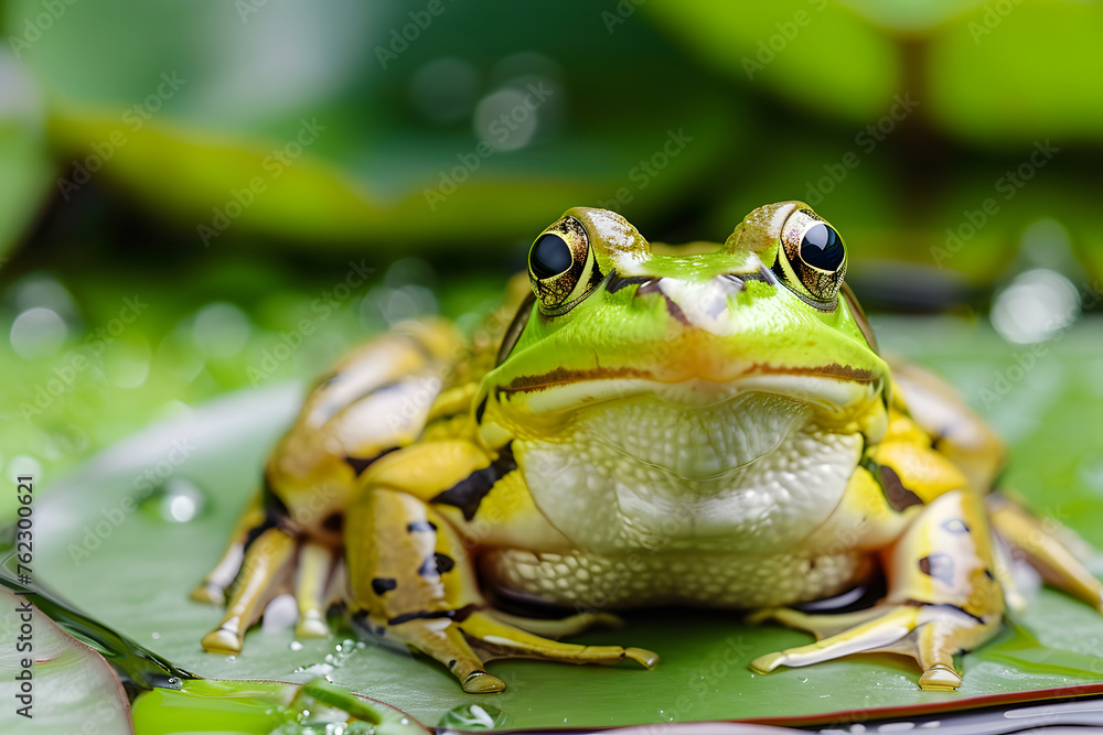 Froschidylle: Grüner Frosch ruht auf einem Seerosenblatt im Teich Froschidylle: Grüner Frosch ruht auf einem Seerosenblatt im Teich
