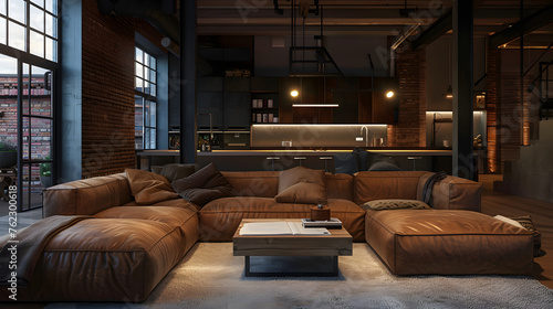 Contemporary Chic: A Stylish Loft Living Room Featuring a Sleek Couch and Elegant Coffee Table