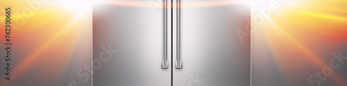 Modern kitchen refrigerator with shiny metal surface and bright orange light