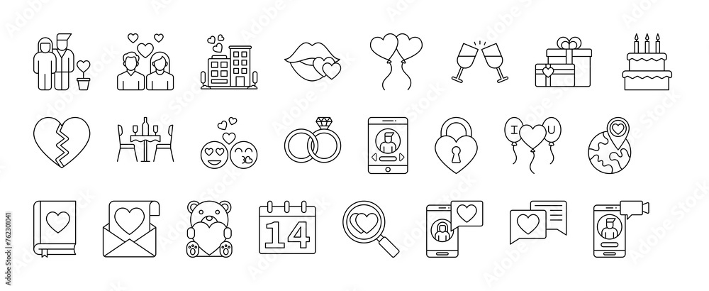 Love and Dating vector thin line mini icons set. Thin simple outline icon collection.