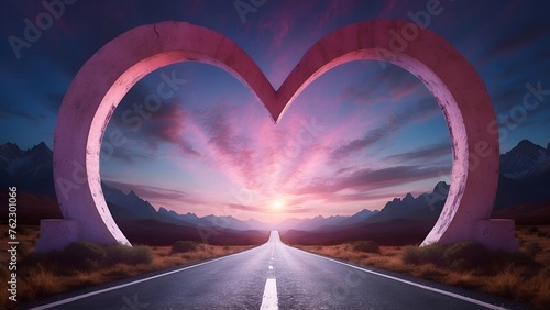 Empty highway road with pink clouds in the sky 