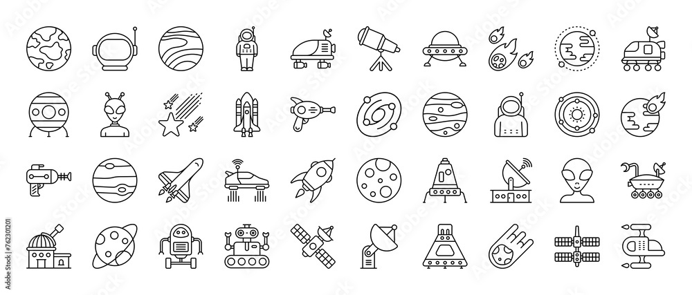 Space vector thin line mini icons set. Thin simple outline icon collection.