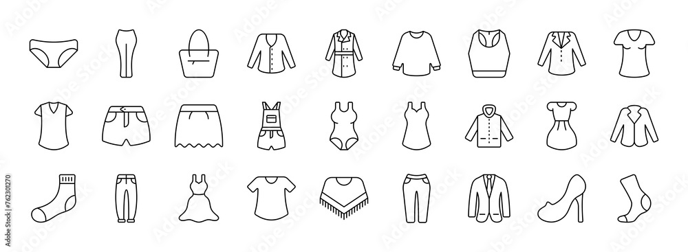 Women Clothes vector thin line mini icons set. Thin simple outline icon collection. Women Clothes vector thin line mini icons set. Thin simple outline icon collection.