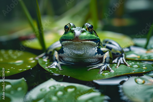 Froschidylle  Gr  ner Frosch ruht auf einem Seerosenblatt im Teich
