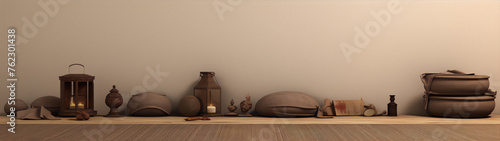 3d rendering, still life, neutral colors, wood, pottery, candle, lantern, fabric, scroll, pestle, mortar, coconut, figurine photo