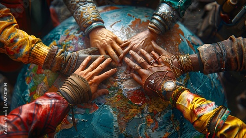 a diverse group of men and women, holding hands in solidarity over a terraqueous globe showcasing the ASEAN region. The workers should have olive skin tones 