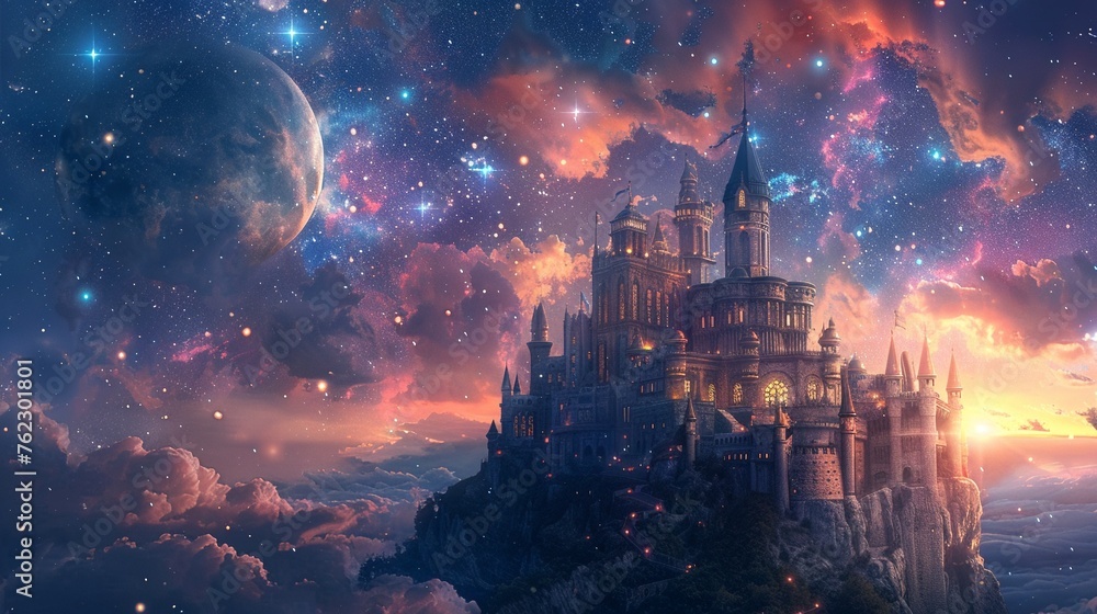 Vibrant fantasy castle on the moon wide lens radiant in cosmic landscape - obrazy, fototapety, plakaty 