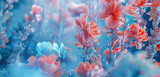 Baby blue & coral dance, whimsical paradise.