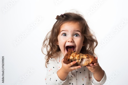 A little girl brings a large piece of delicious cake to her mouth on a white background
