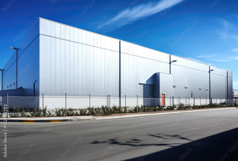 Modern Industrial Warehouse Building under Clear Blue Sky