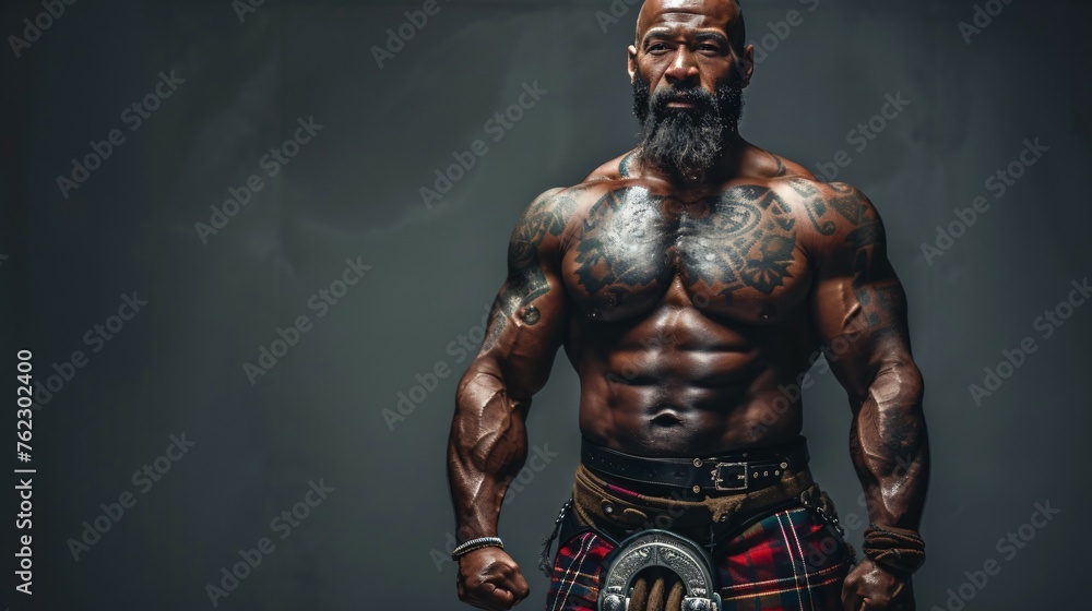 A muscular man with a beard and tattoos is wearing a kilt. He is standing with his arms crossed and has a determined look on his face.