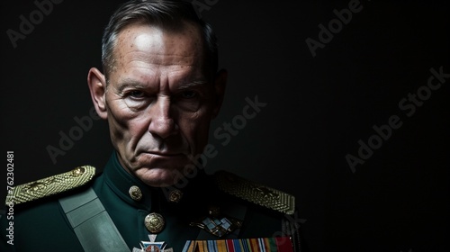 A stern-looking military general with gray hair and a lined face stares out from a dark background.