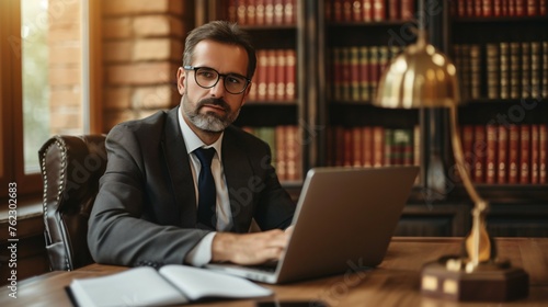 Confident male lawyer wearing suit and glasses works on laptop in his office.