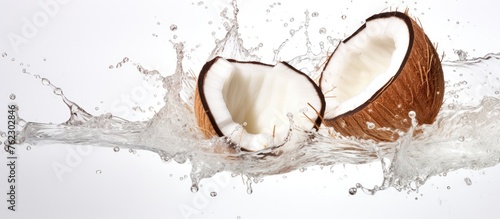 Two coconuts are being splashed with water on a white background, creating a refreshing and tropical scene reminiscent of a relaxing day by the beach